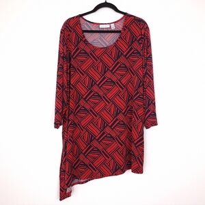 Susan Graver Liquid Knit asymmetrical 3/4 sleeve top geometric print red navy